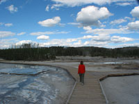 Walking the plank at the Norris Geyser basin. Can you just see the steam coming up everywhere - those are all Geothermal Hot spots